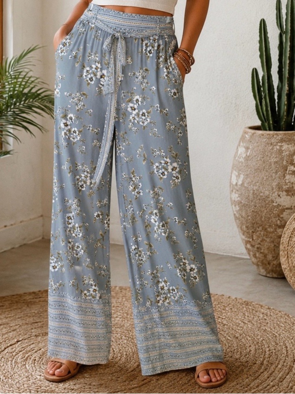 Derek Heart Blue Floral Wide Leg Palazzo L Pants Tie Waist Preloved A10